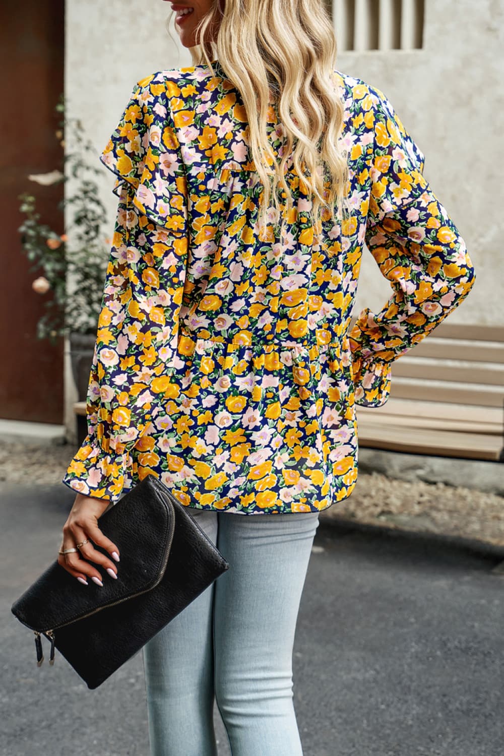 printed round neck flounce sleeve blouse