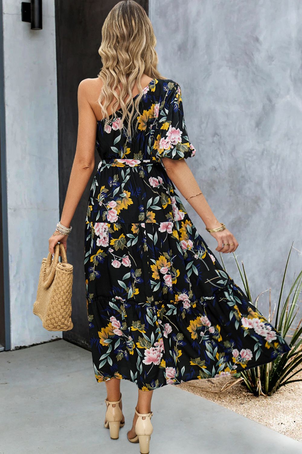 printed one-shoulder tie belt maxi dress