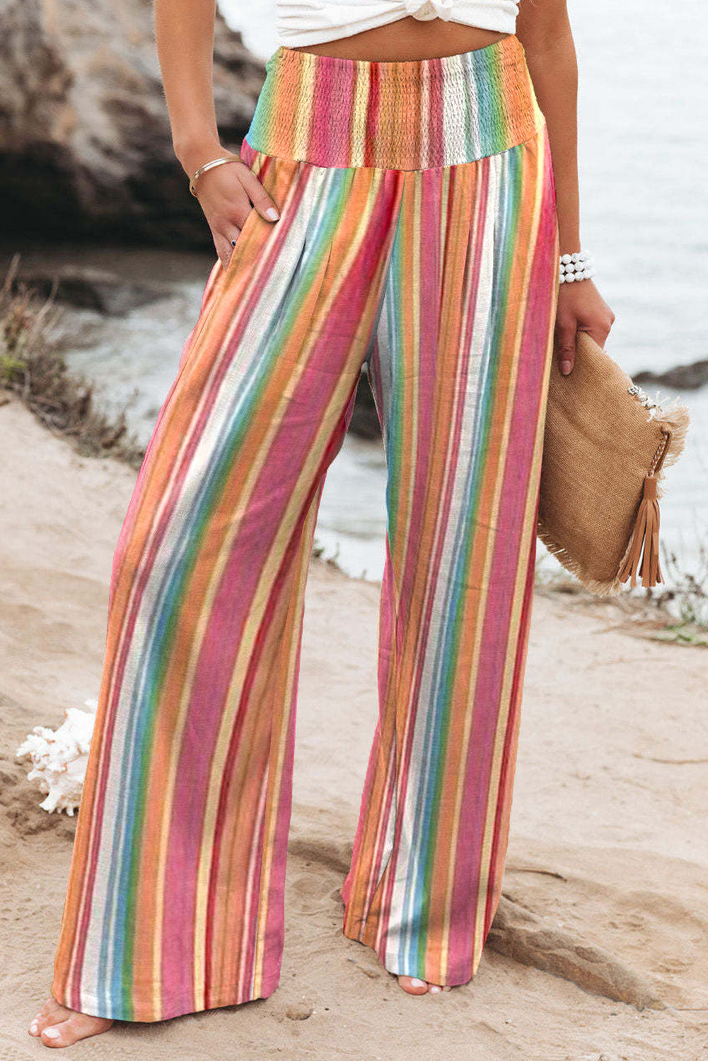 striped smocked waist pants with pockets