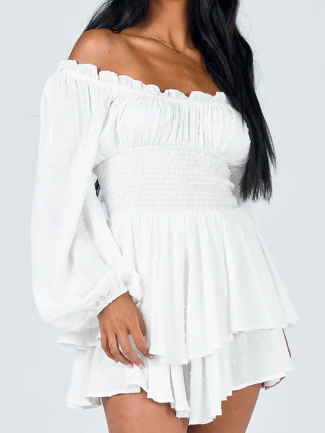 off shoulder smocked waist romper