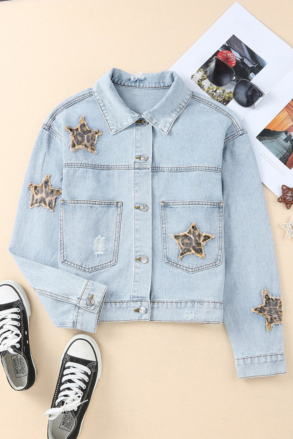 leopard star applique distressed denim jacket