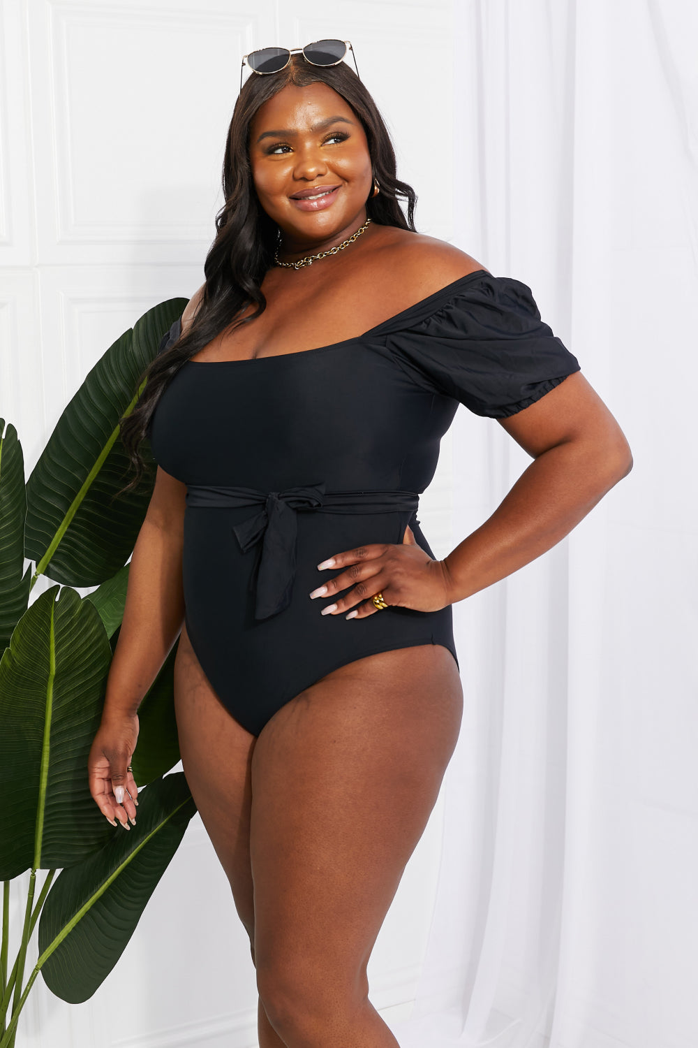 marina west swim salty air puff sleeve one-piece in black
