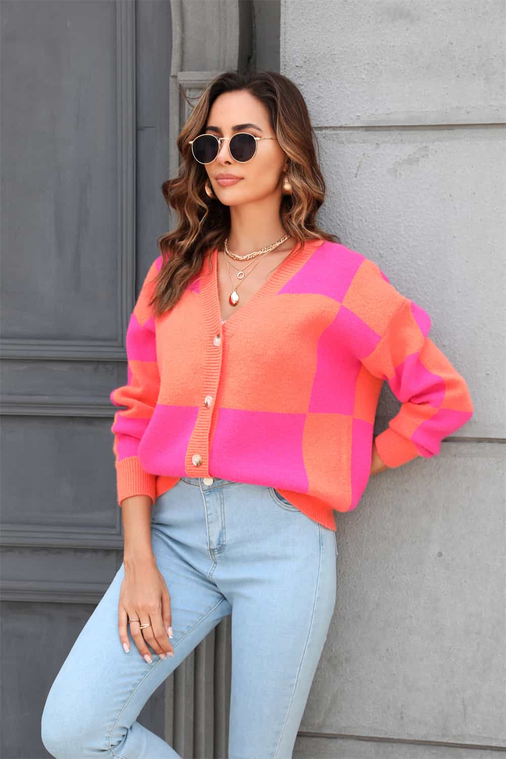 plaid v-neck dropped shoulder cardigan