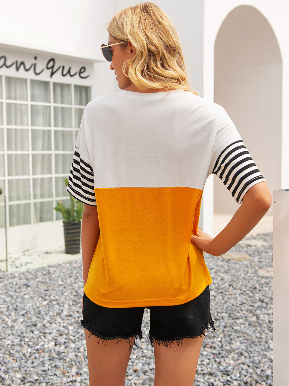 striped color block round neck tee