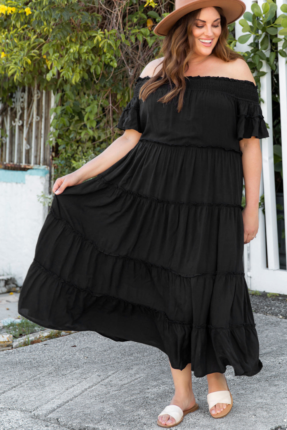 plus size off-shoulder ruffle trim maxi dress