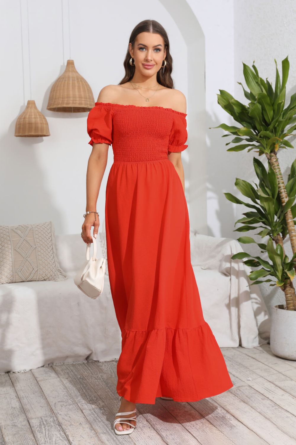 smocked off-shoulder maxi dress