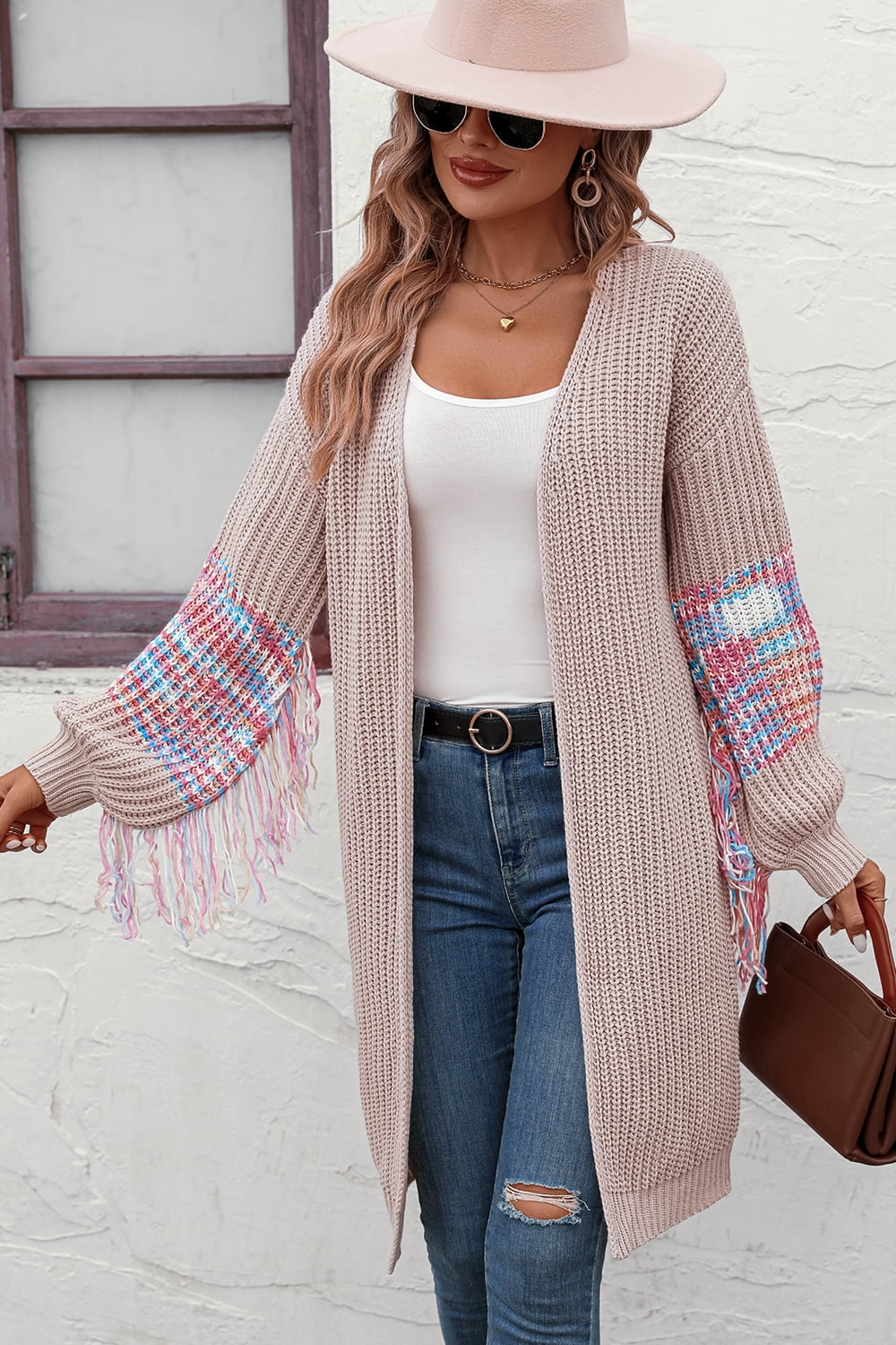 fringe sleeve dropped shoulder cardigan