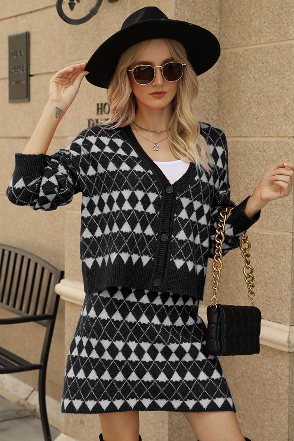 geometric dropped shoulder cardigan and knit skirt set