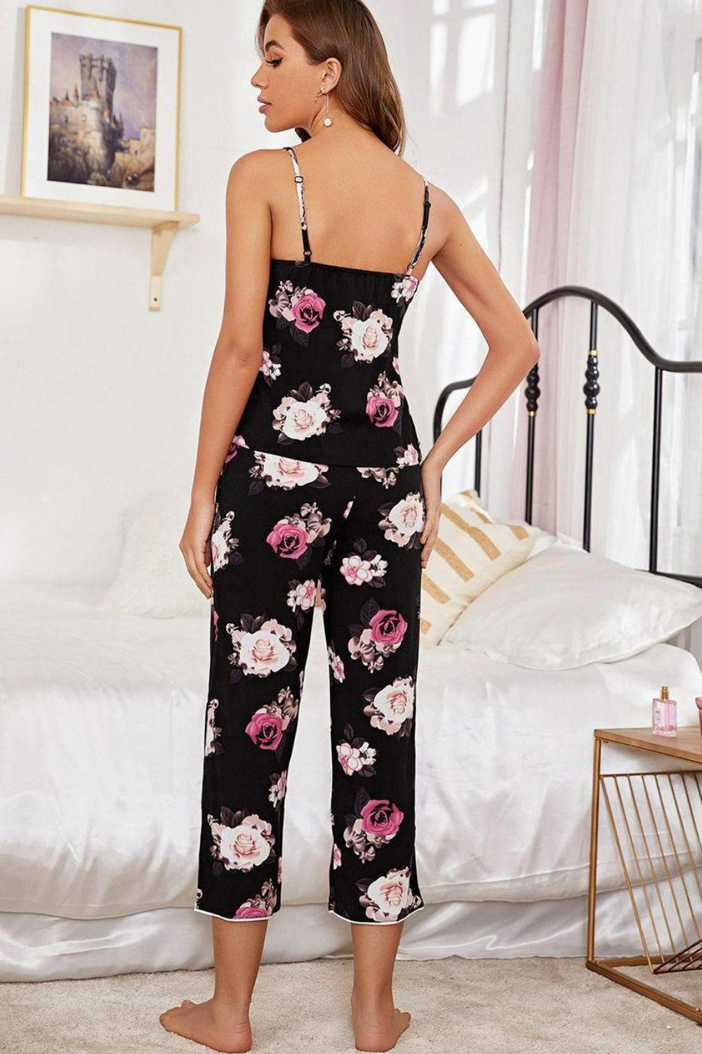 floral v-neck cami and cropped pants lounge set