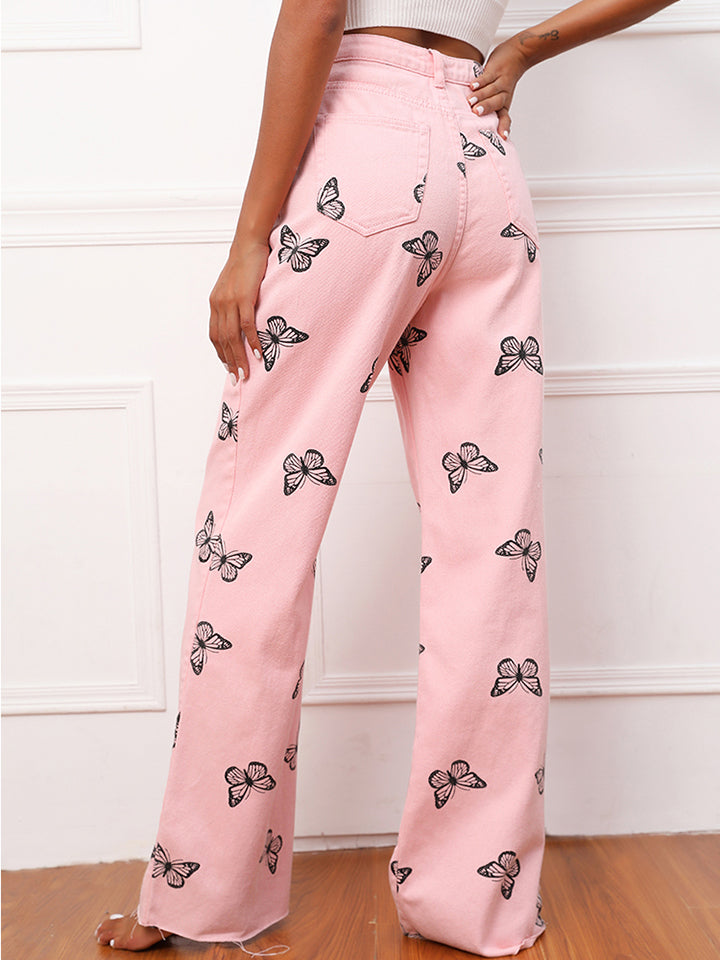 butterfly pattern wide leg jeans