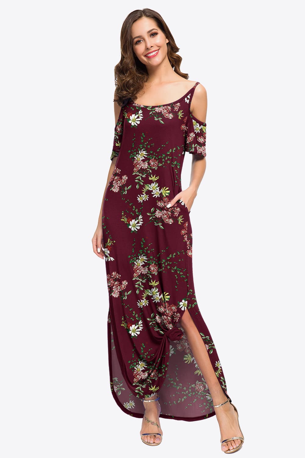 slit scoop neck cold-shoulder maxi dress