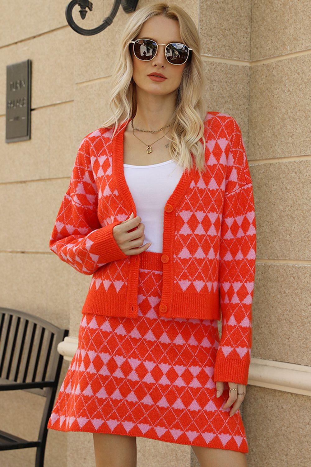 geometric dropped shoulder cardigan and knit skirt set