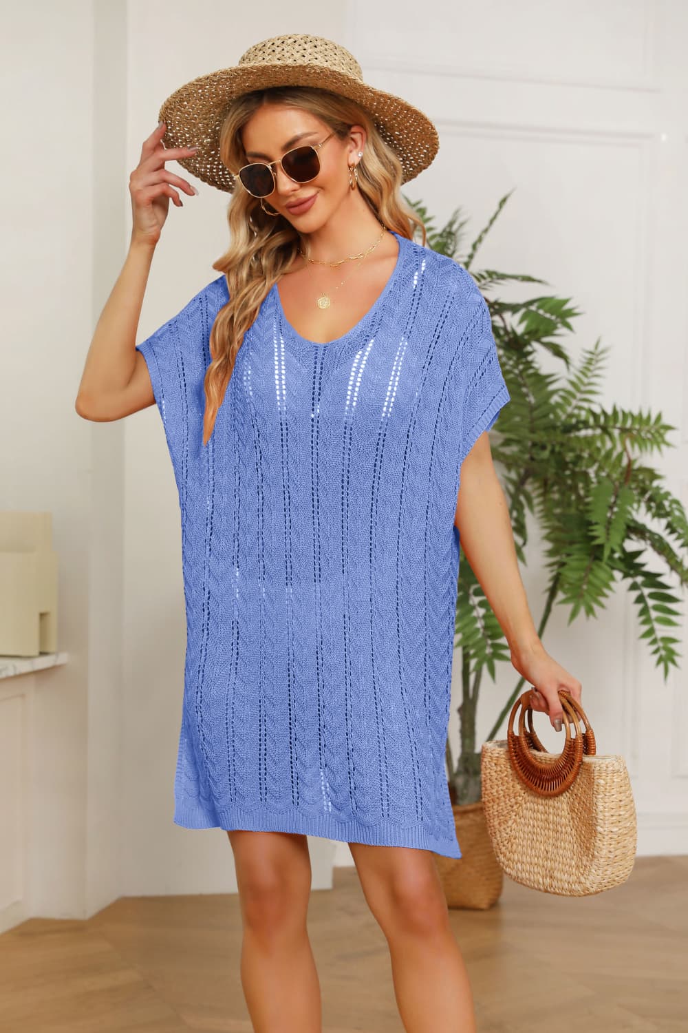 openwork side slit knit dress