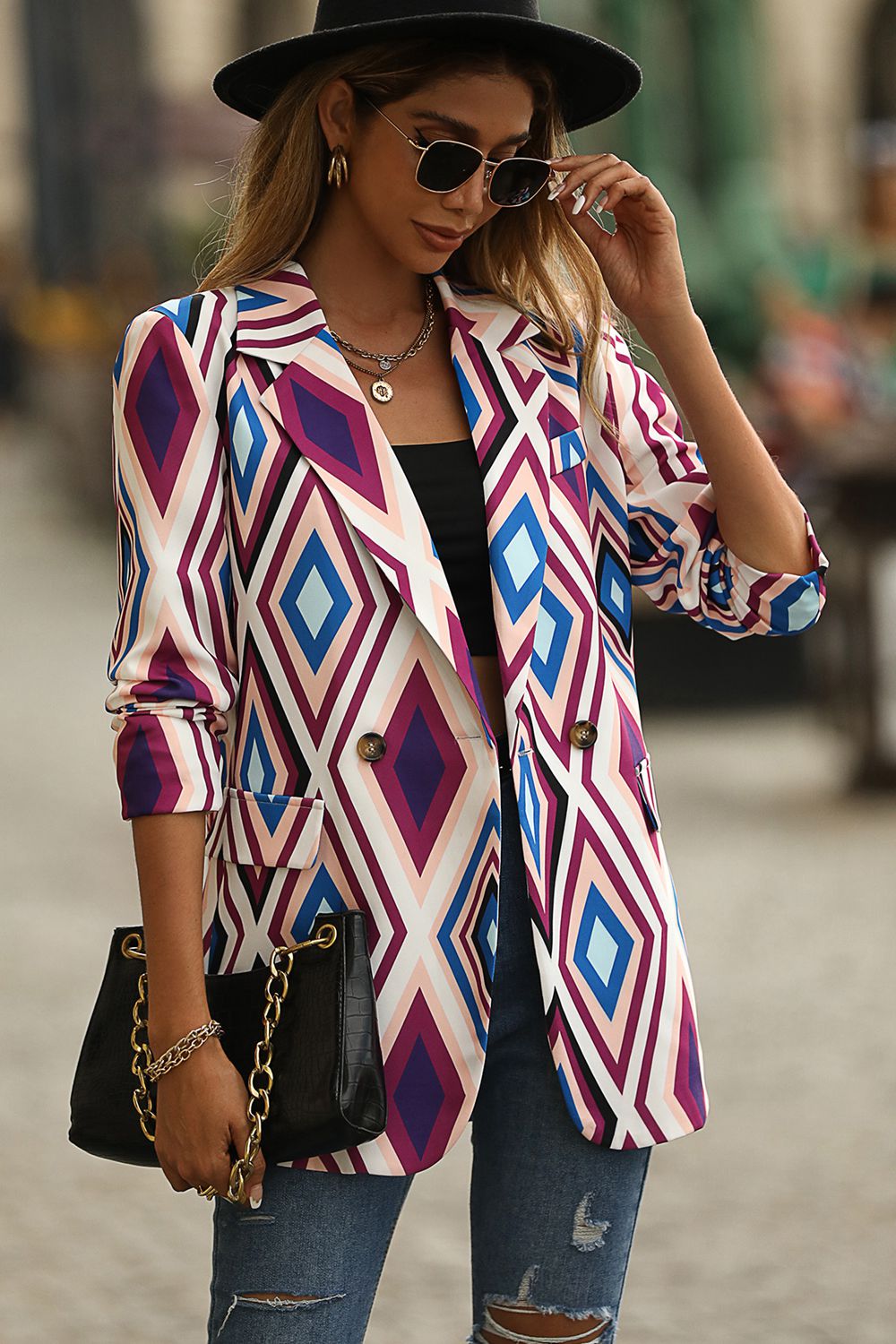 geometrical pattern lapel collar blazer with pocket