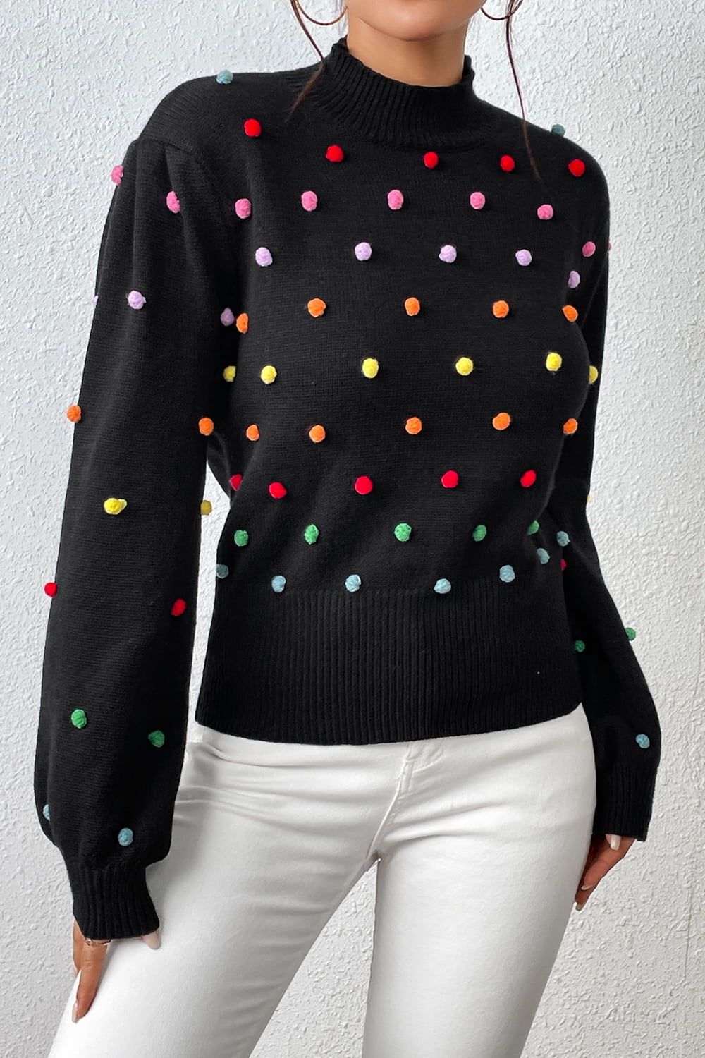 pom-pom trim mock neck long sleeve pullover sweater