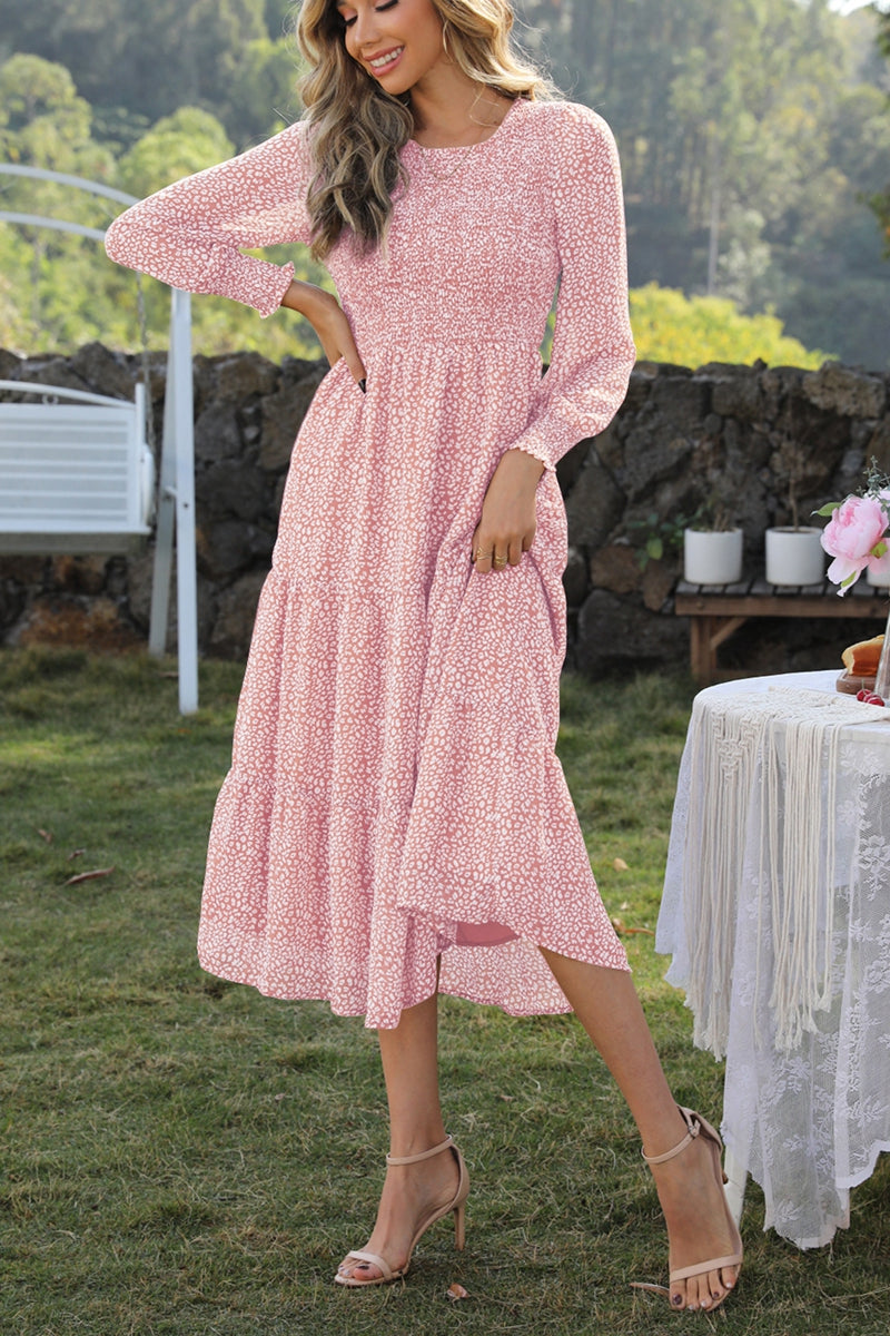 round neck lantern sleeve midi dress