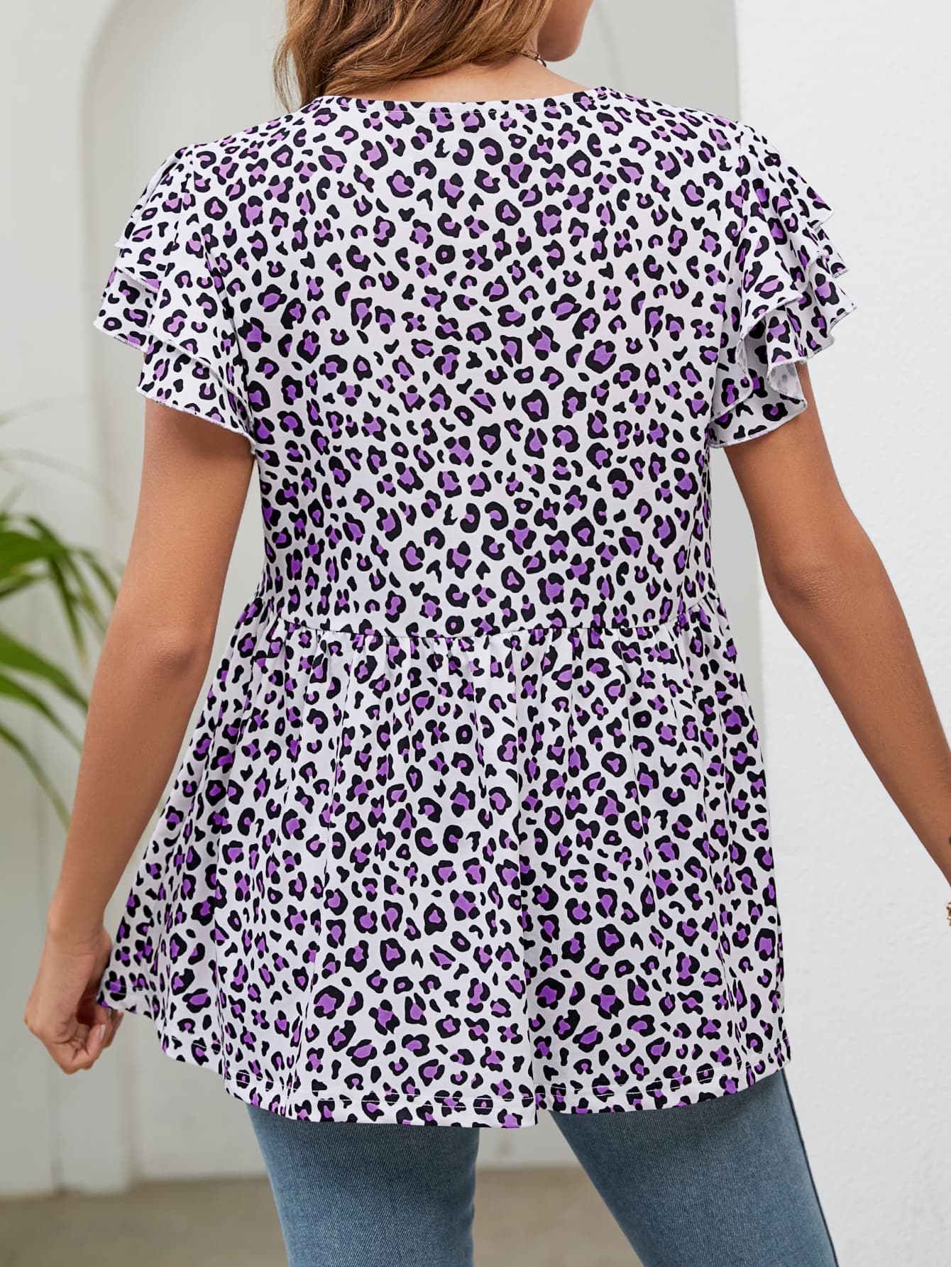 leopard round neck flutter sleeve babydoll blouse