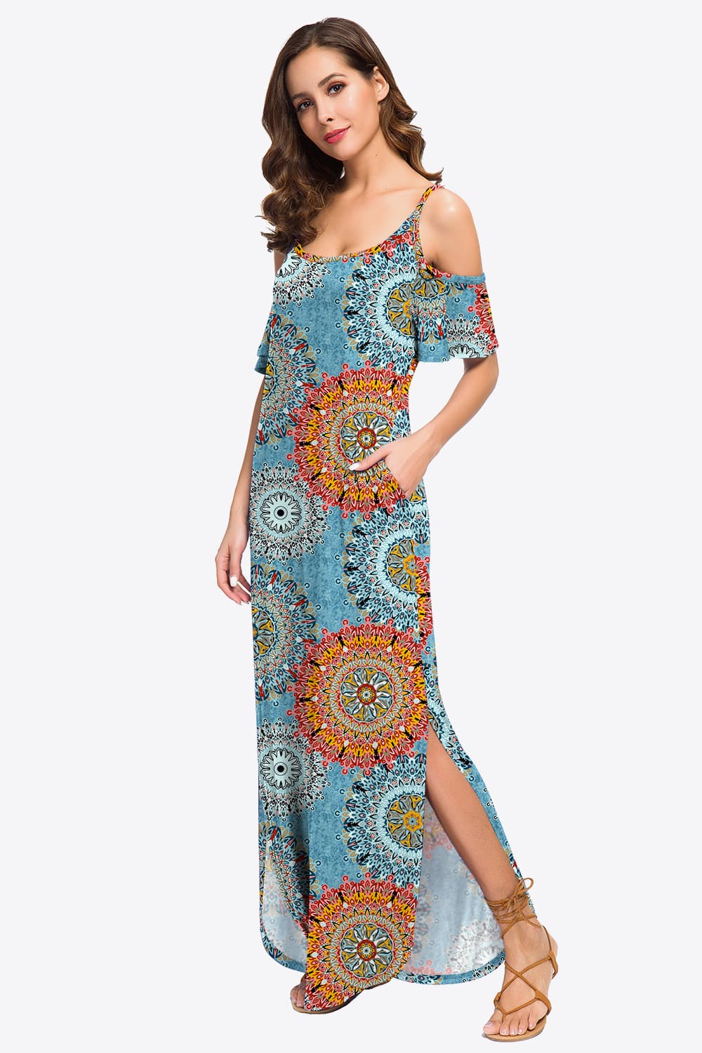 slit scoop neck cold-shoulder maxi dress