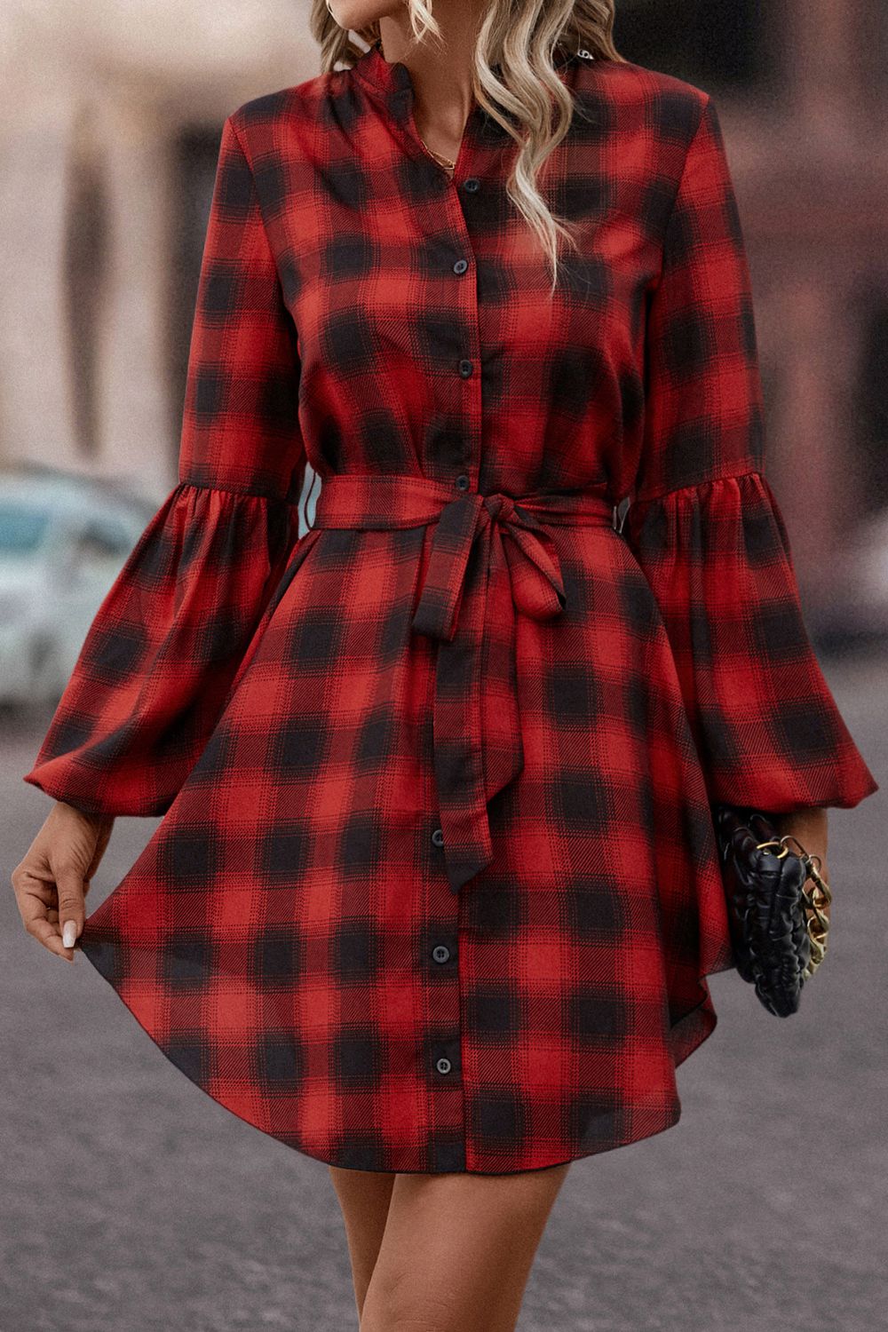 plaid tie waist balloon sleeve mini dress