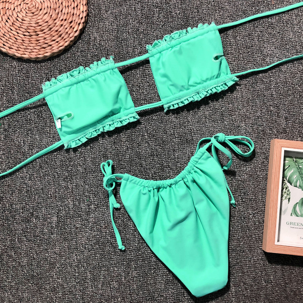 frill trim ruched bikini set
