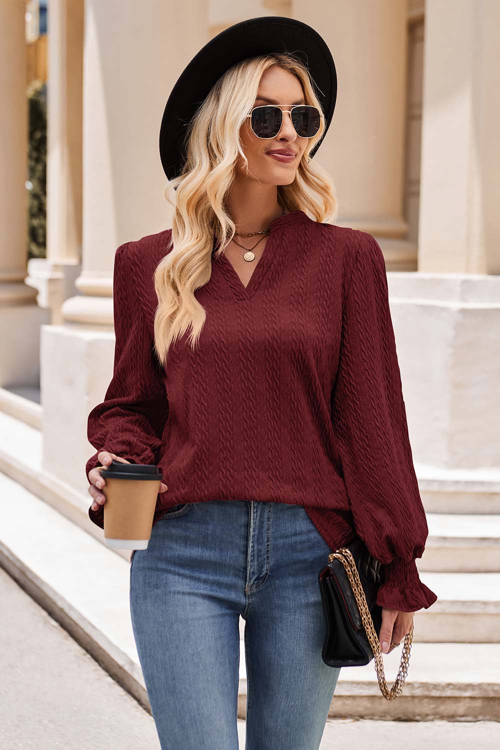 notched neck flounce sleeve blouse