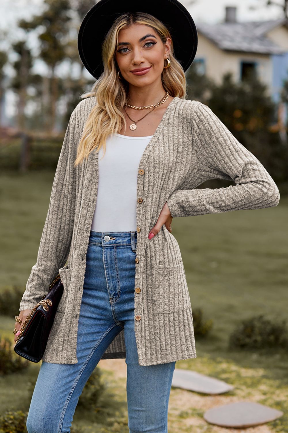 ribbed button-up cardigan with pockets