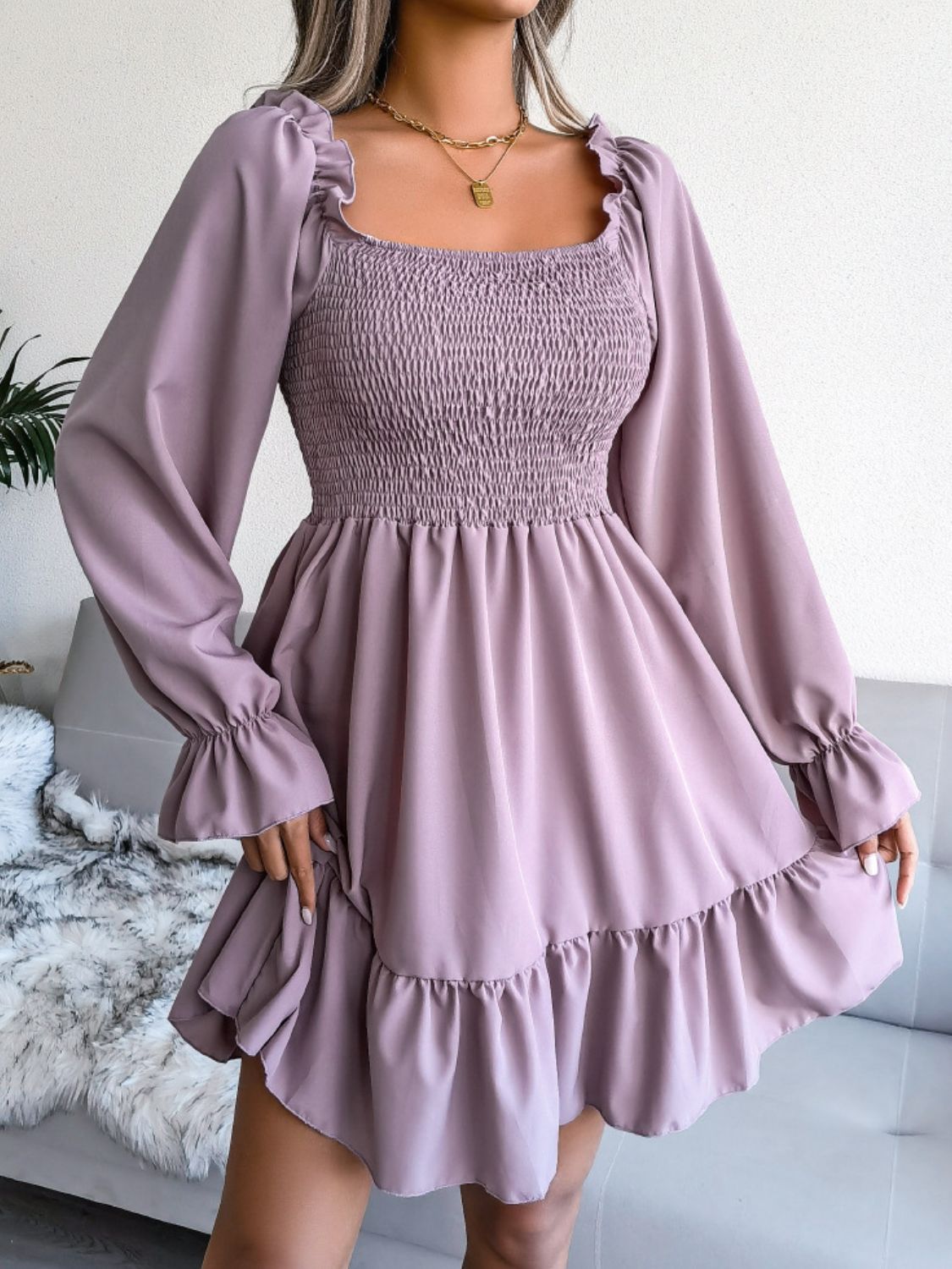 smocked flounce sleeve square neck dress