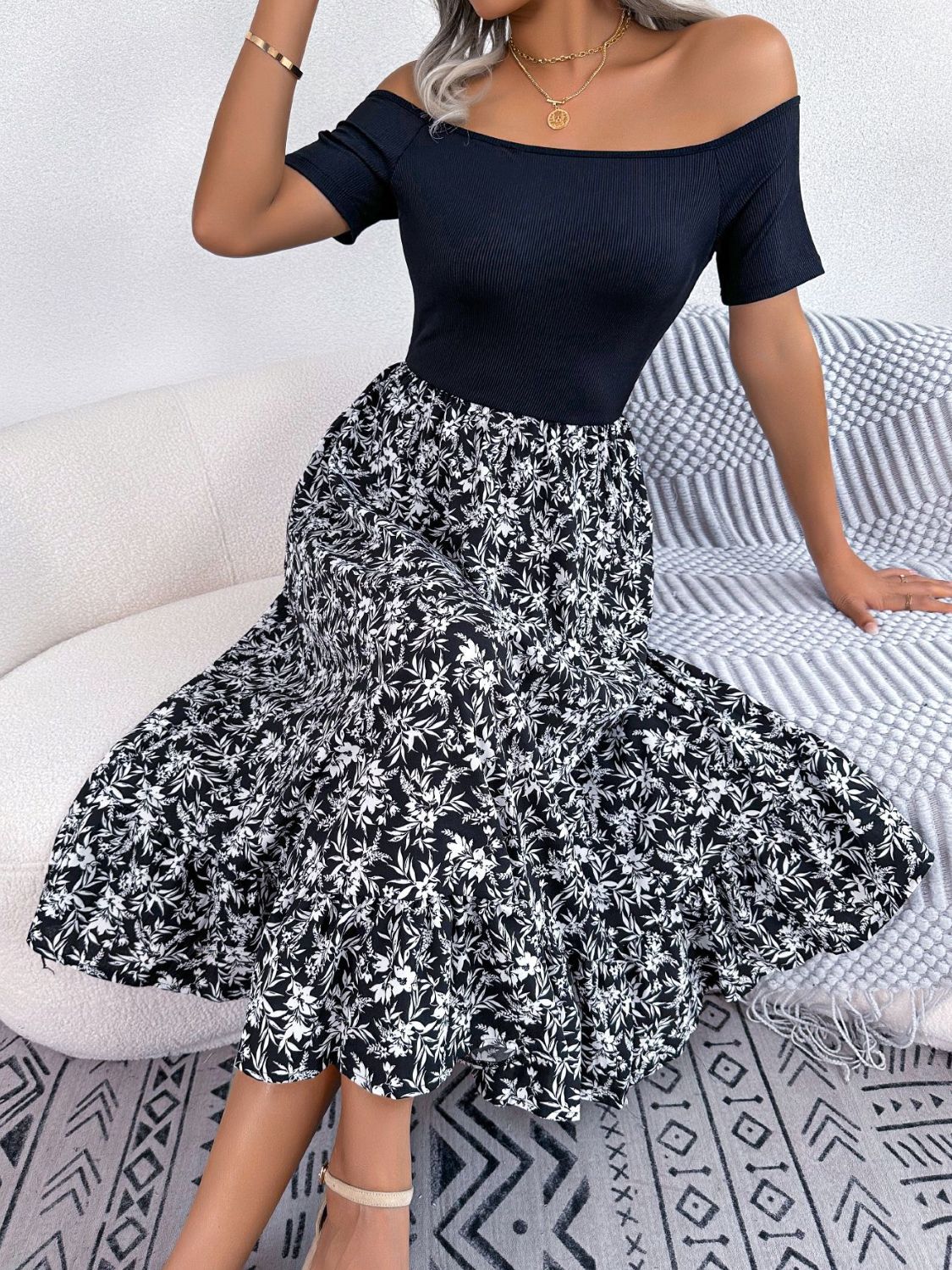 printed off-shoulder ruffle hem dress