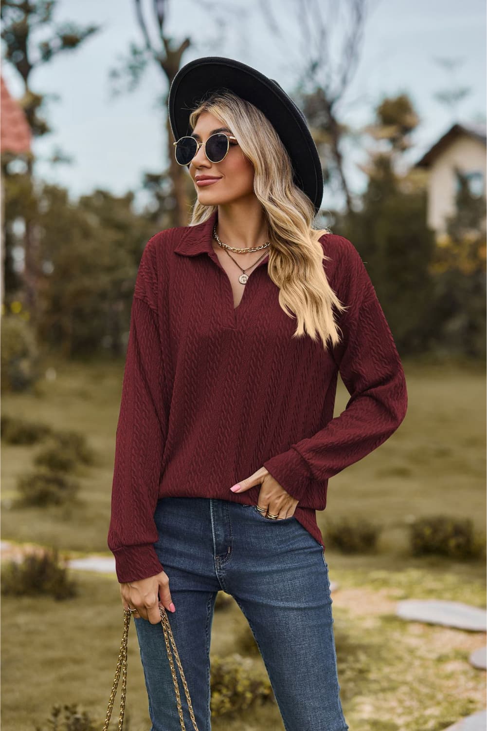 collared neck cable-knit long sleeve blouse