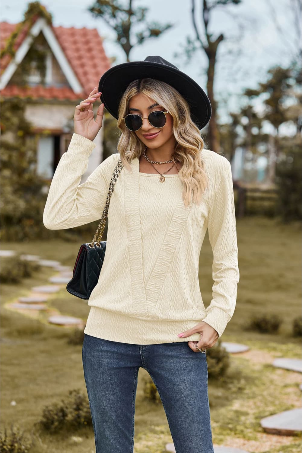 square neck long sleeve blouse