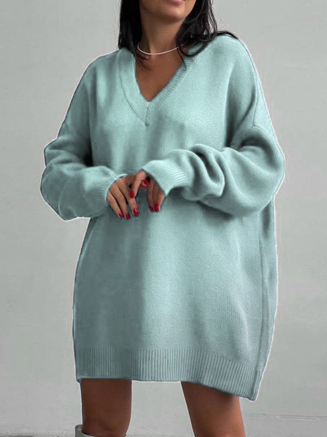 v-neck dropped shoulder sweater dress