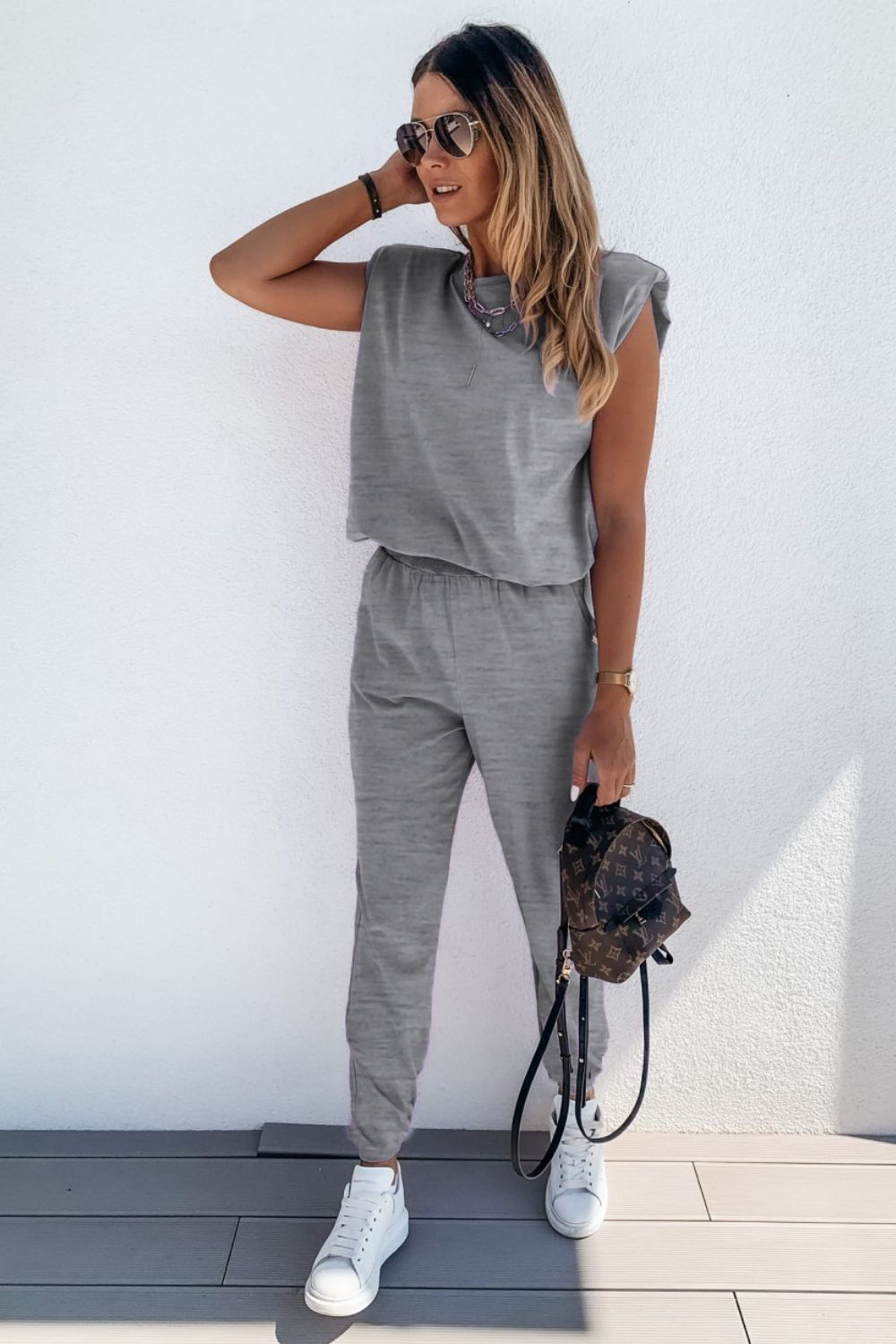 padded shoulder top and joggers lounge set