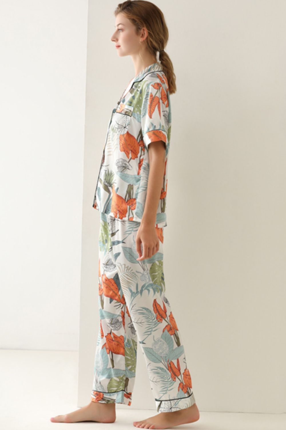 botanical print button-up top and pants pajama set