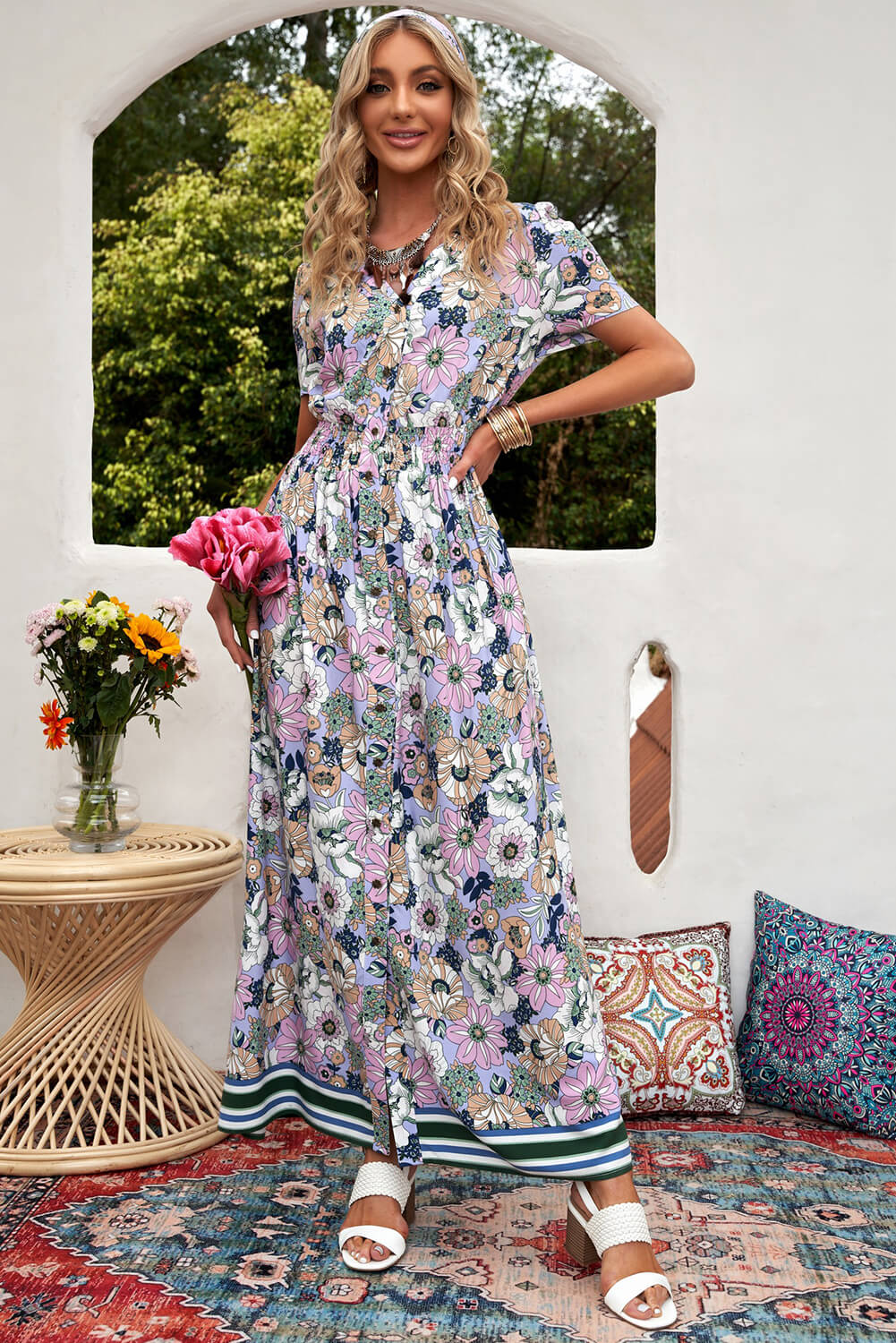 floral buttoned  short sleeve maxi dress