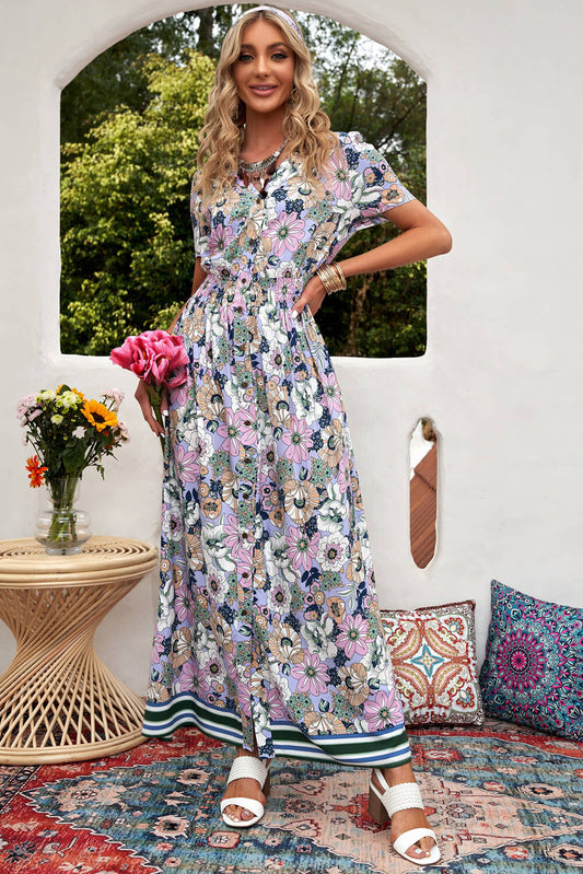 Floral Buttoned  Short Sleeve Maxi Dress