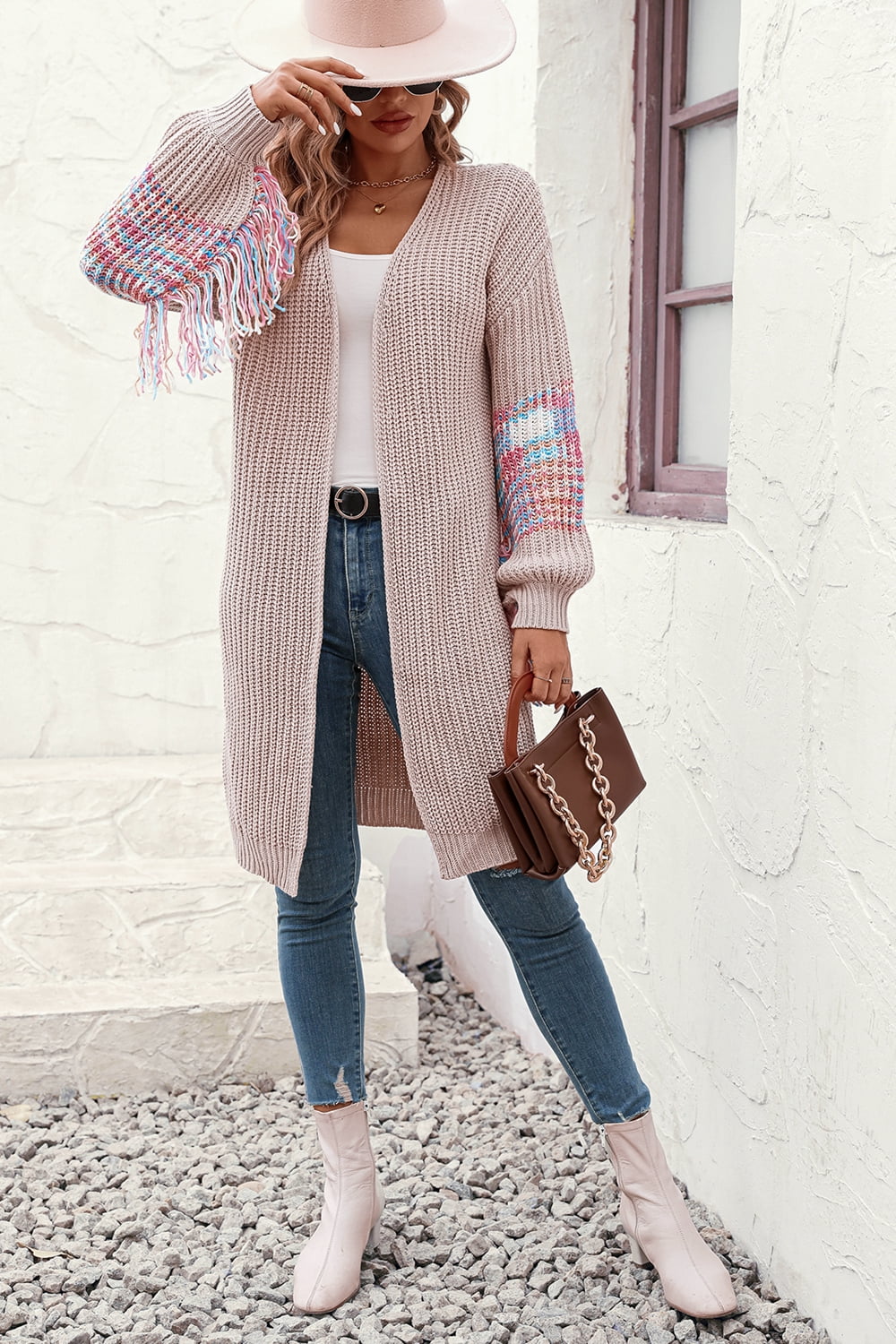 fringe sleeve dropped shoulder cardigan