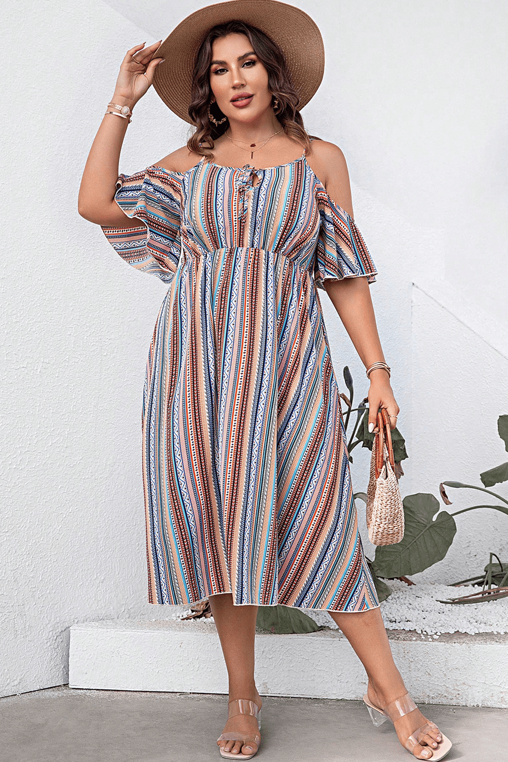 plus size striped cold-shoulder dress