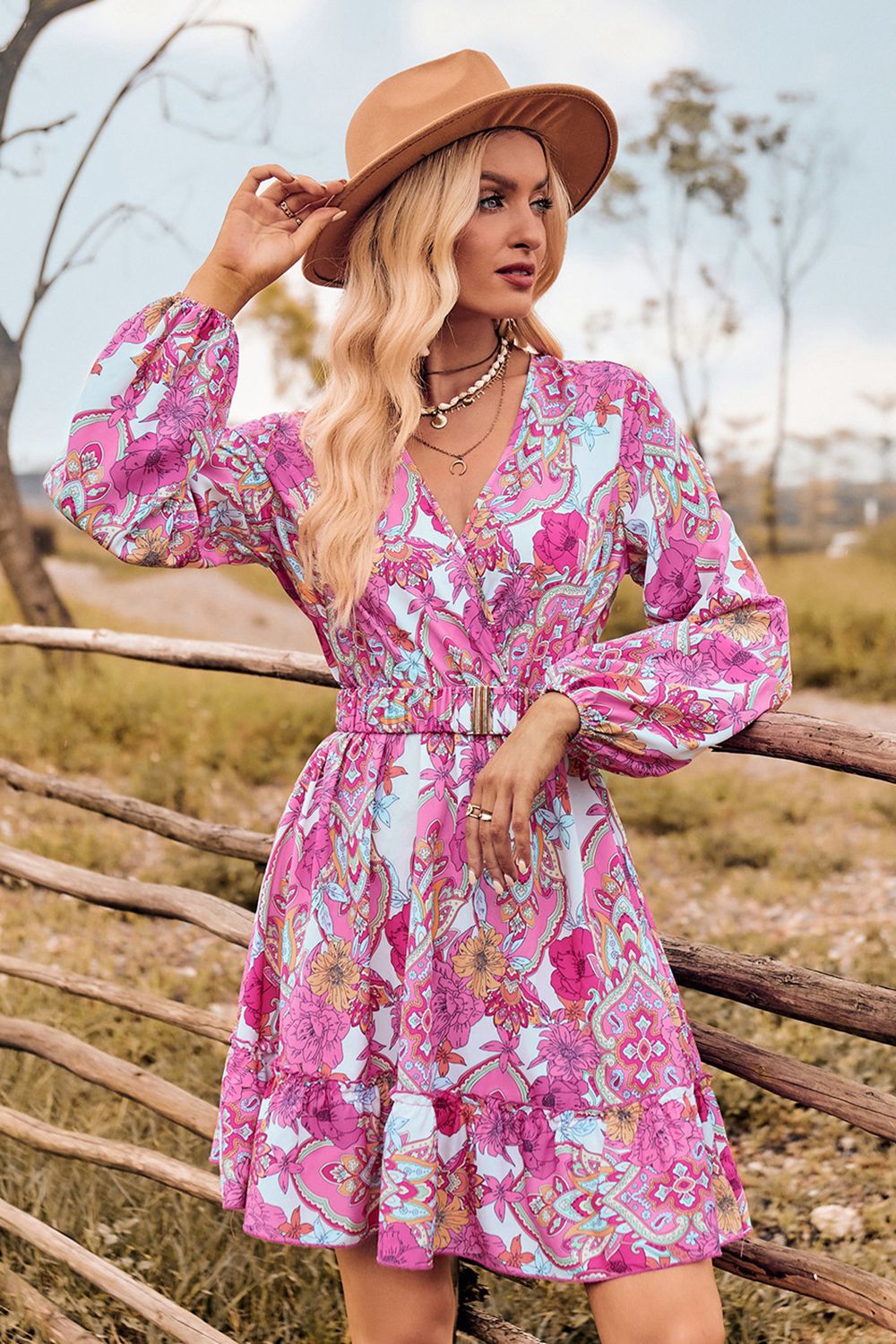 printed surplice neck long sleeve dress