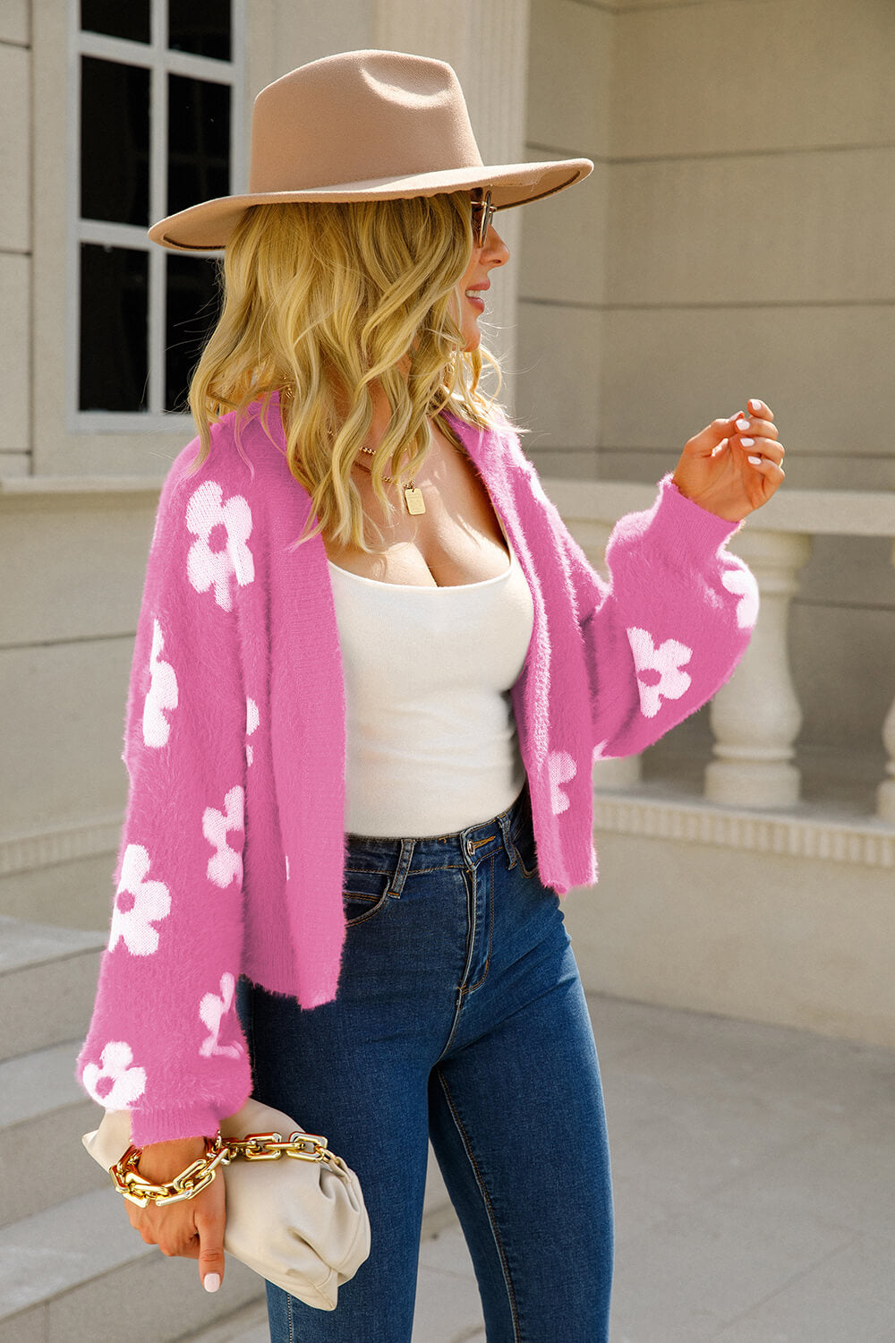 floral open front fuzzy cardigan