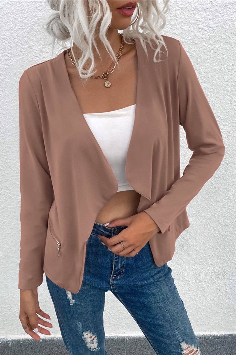 open front zipper pocket cardigan