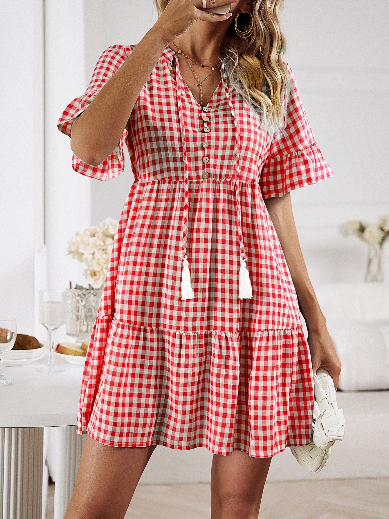 plaid flounce sleeve buttoned mini dress