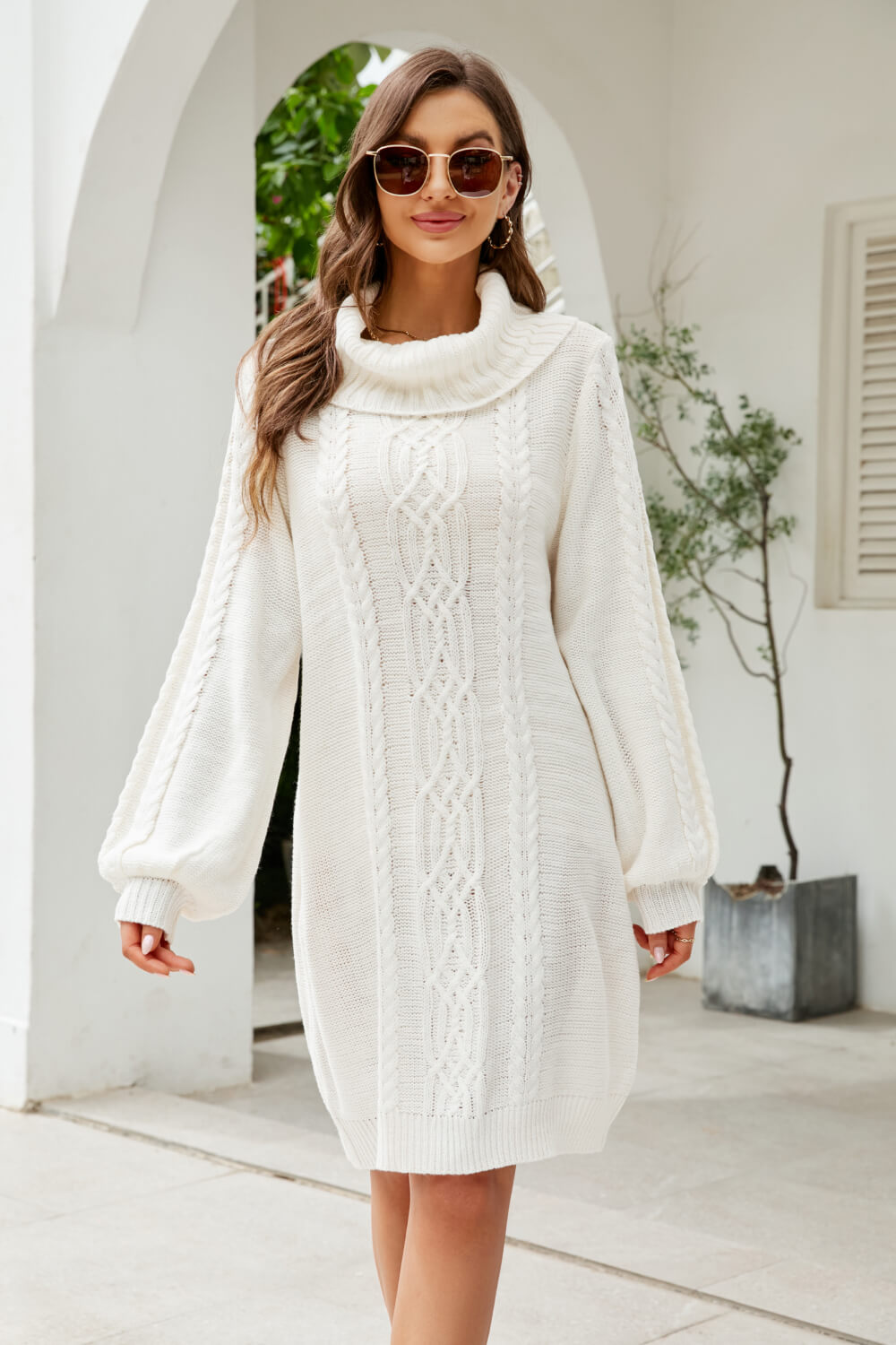 woven right mixed knit turtleneck lantern sleeve sweater dress