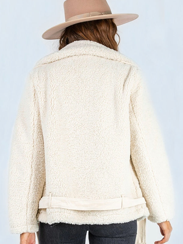 zip-up belted sherpa jacket