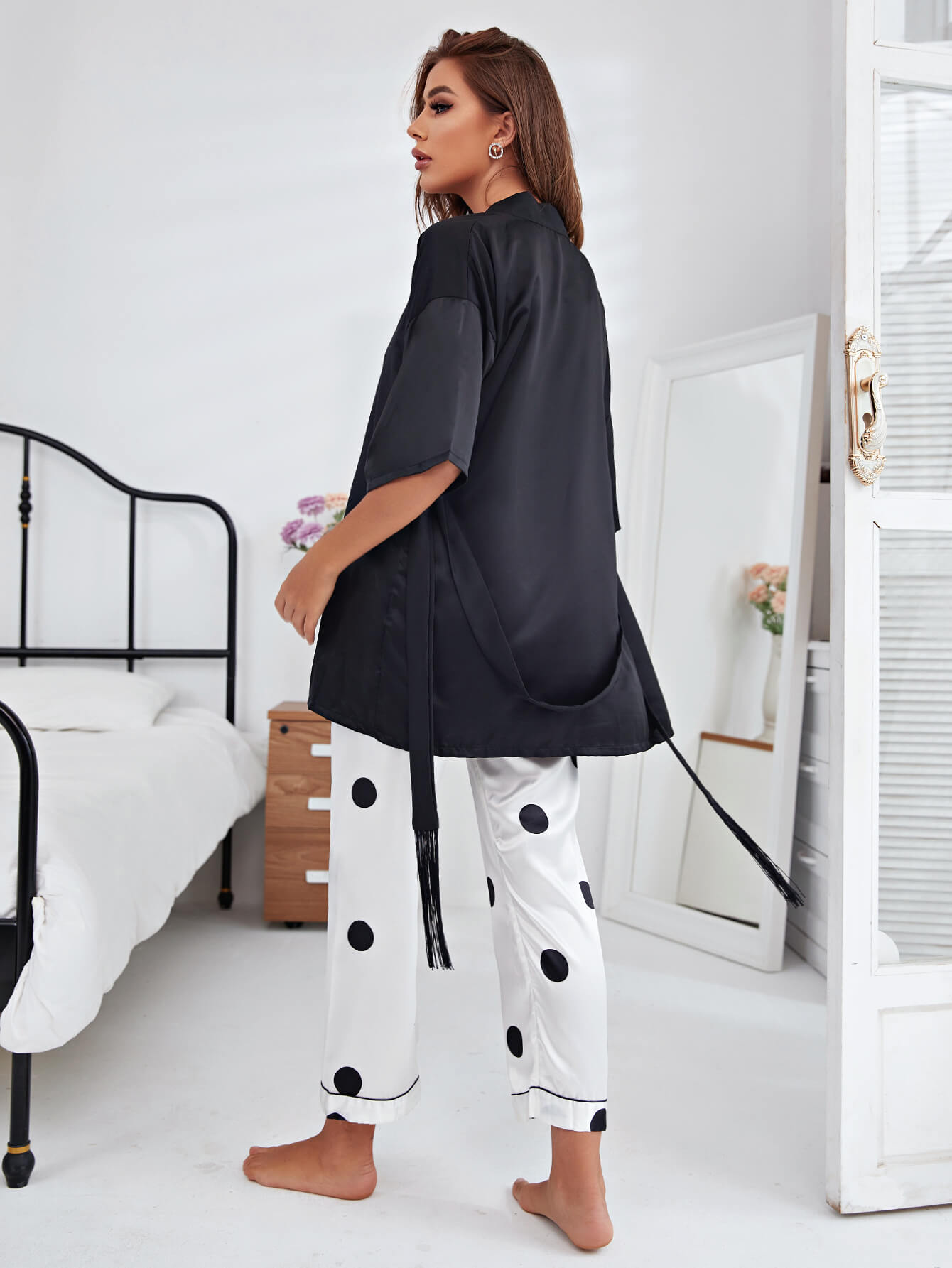 cami, robe, and printed pants pajama set