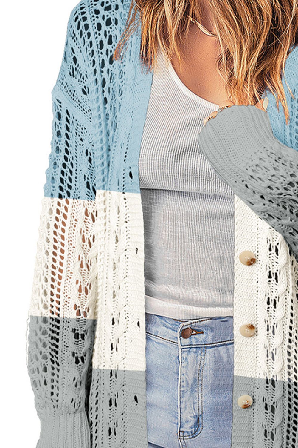 double take openwork ribbed cuff longline cardigan