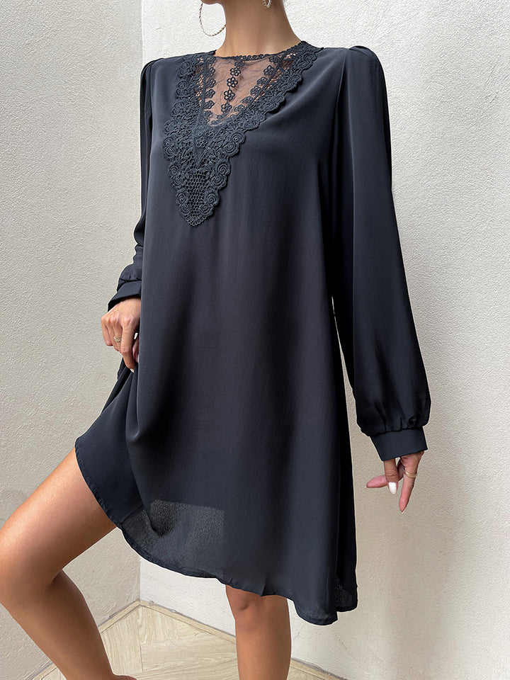 spliced lace puff sleeve mini dress