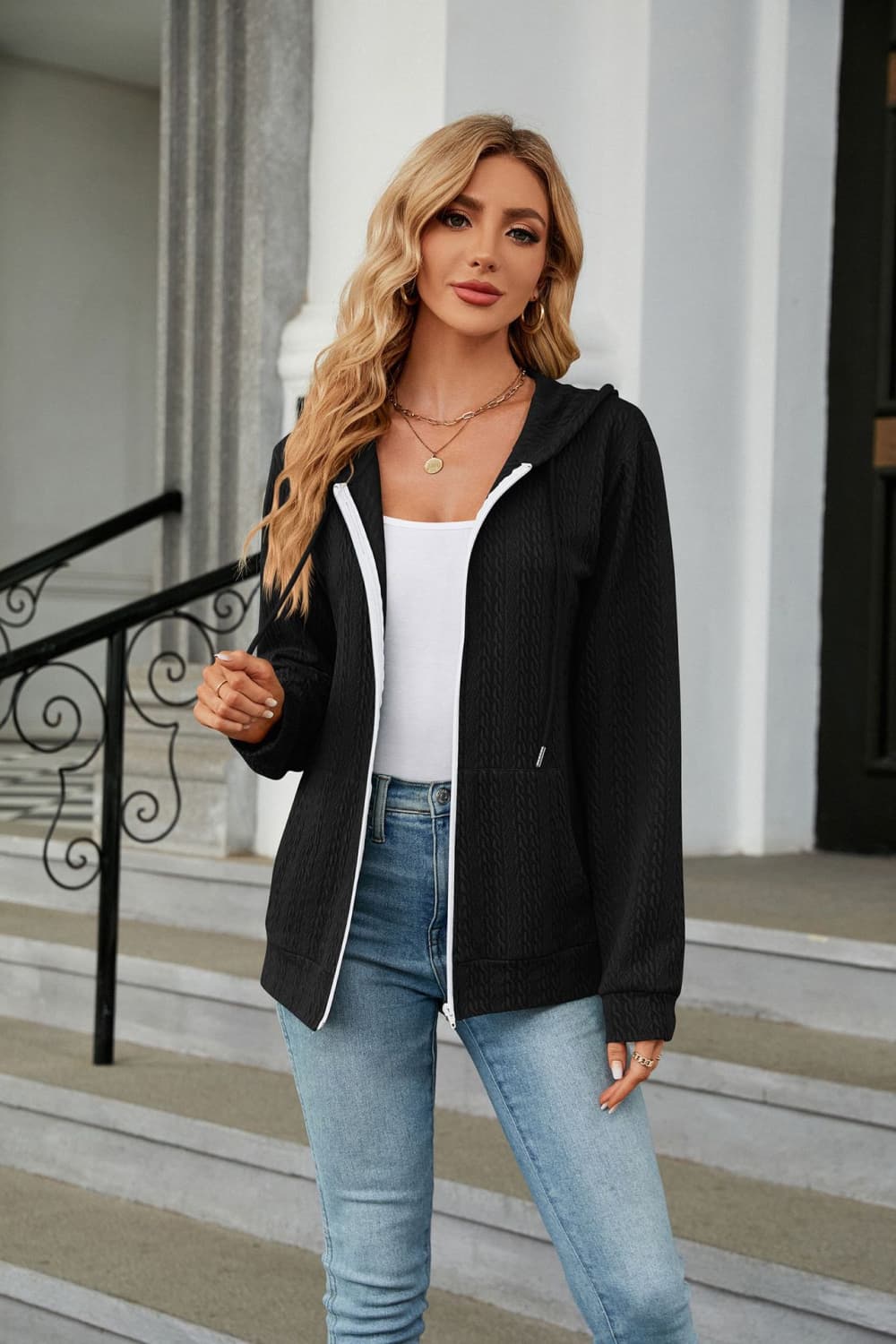 zip-up hooded jacket with pockets