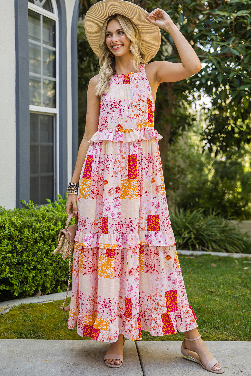 patchwork grecian neck ruffled maxi dress