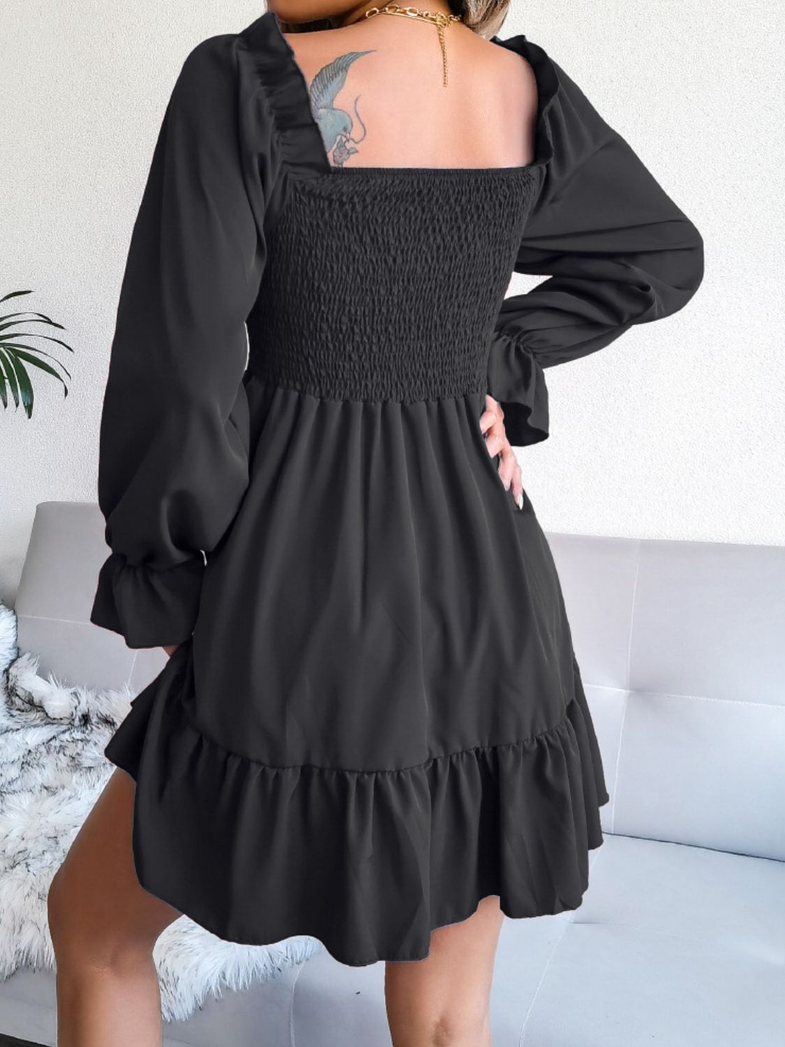 smocked flounce sleeve square neck dress