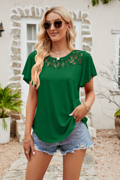 Spliced Lace Flutter Sleeve Top